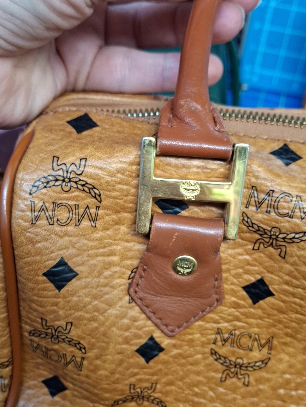 MCM Cognac Visetos Monogram Satchel Gold Hardware Removable Adj Strap Preloved - Picture 16 of 16